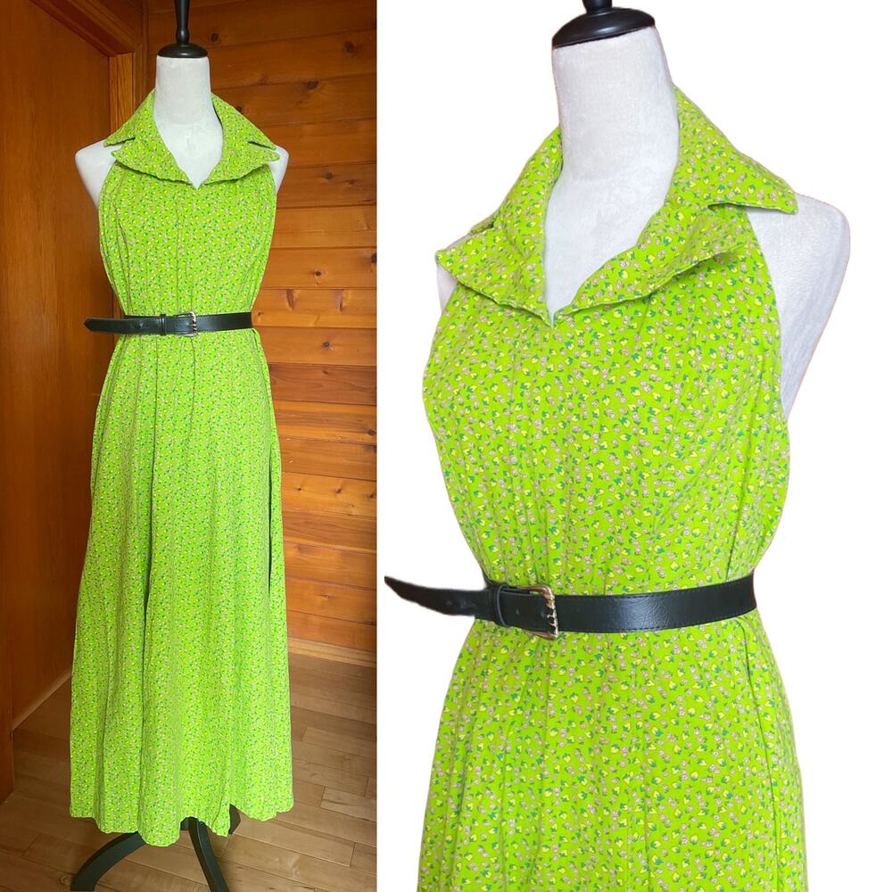 Vintage 70s Lime Green Dagger Collar Sleeveless Ditsy Floral Halter Maxi Dress